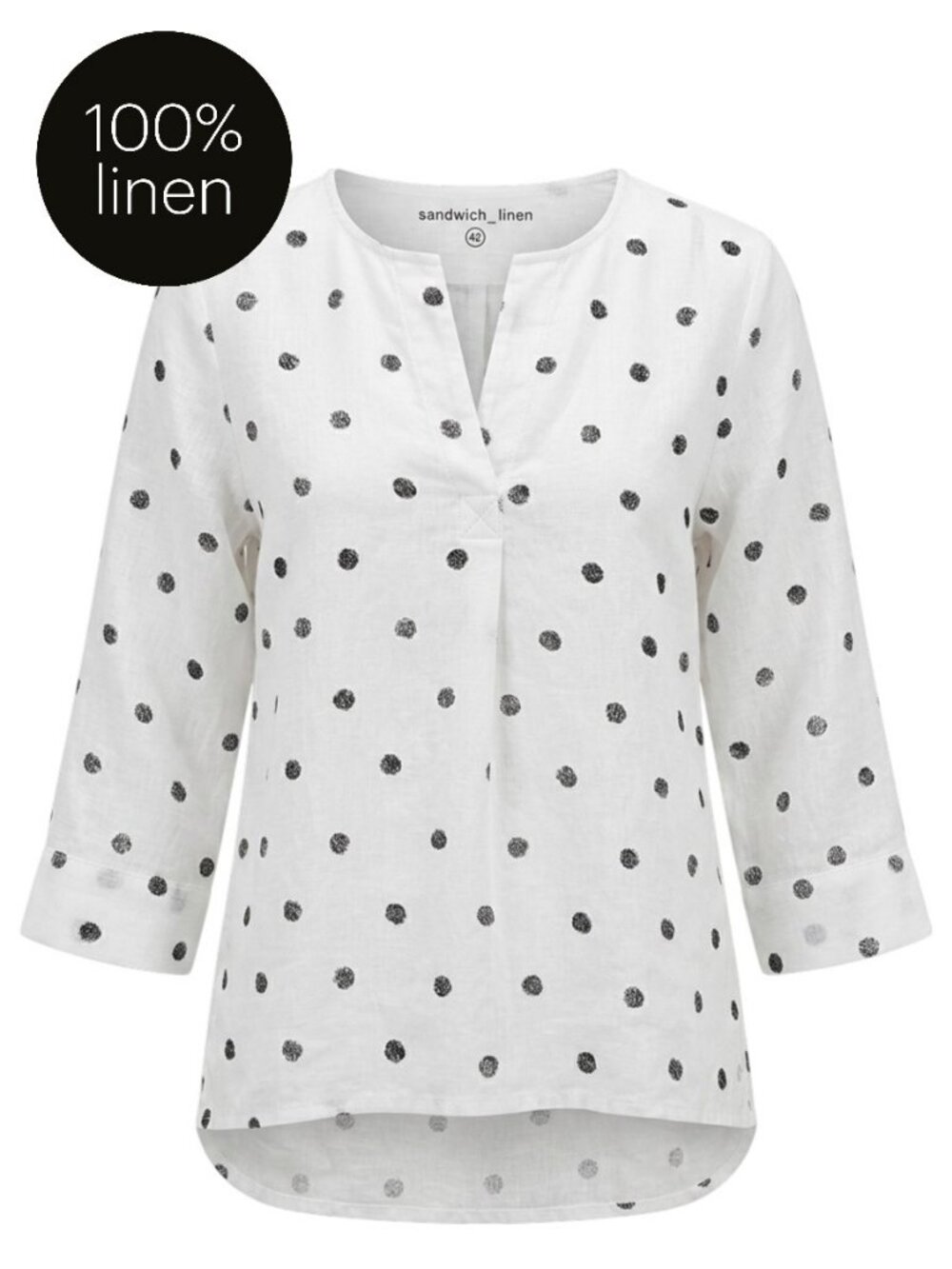 SANDWICH White Linen navy Polka Dot Loose Fit Tunic Top Boho US 12 EU 42
